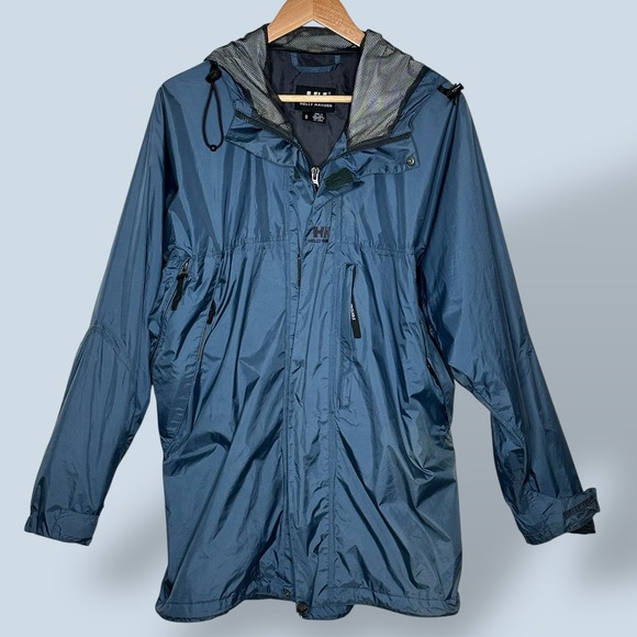 Helly Hansen Women's Packable Rain Jacket Hooded Vented Blue Medium Logo - Picture 1 of 9
